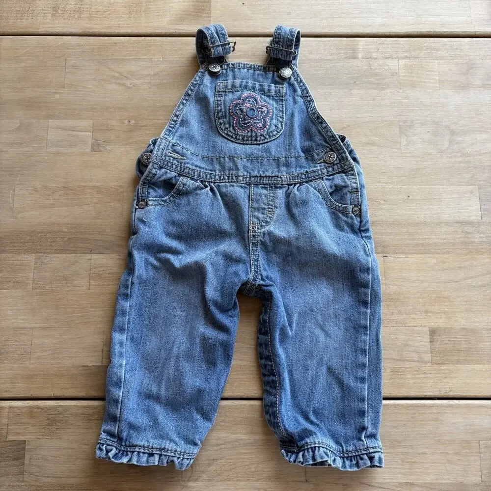 OshKosh B'gosh Overalls Vestbak Sz 9 M Girls Bib Floral Flower Blue Embroidered